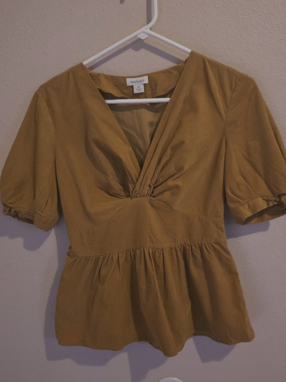Sundance Rust Brown V-Neck Peplum Short-Sleeve Top